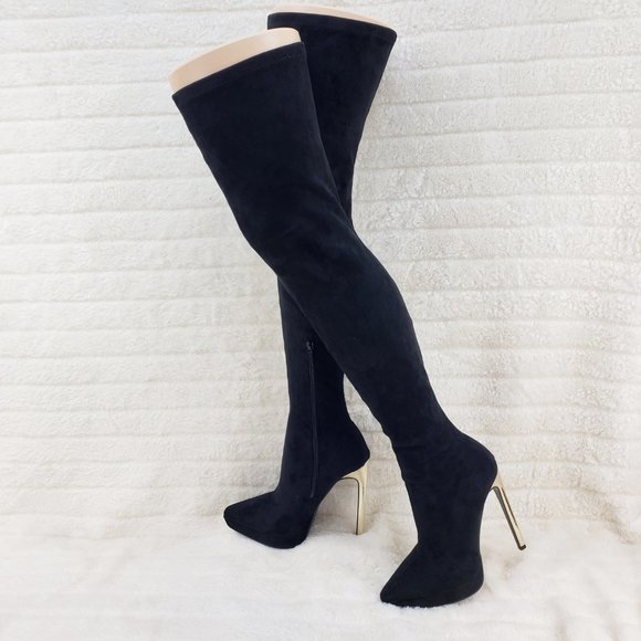 Girlz Revenge Faux Stretch Suede Black Sexy High Heel Pointy Toe Platform Boots - Picture 2 of 15